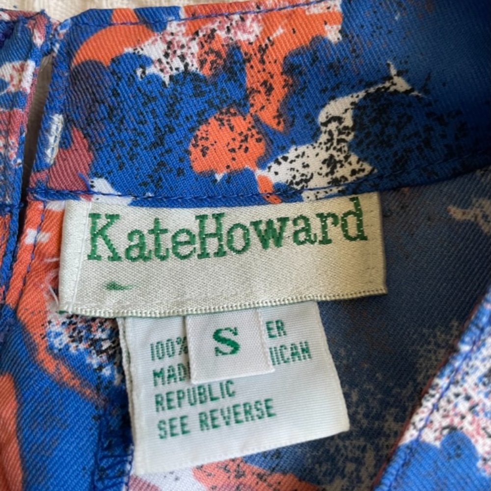 Kate Howard Vintage 1980s Peach/Blue Print Short Sleeve Blouse, Sz S View 3